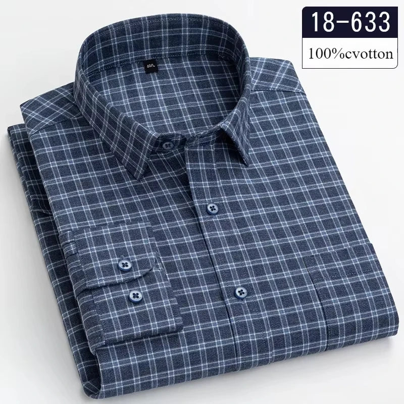 Men's 100% Cotton Brushed Slim Fit Long Sleeve Shirt — Plaid & Striped Casual Autumn