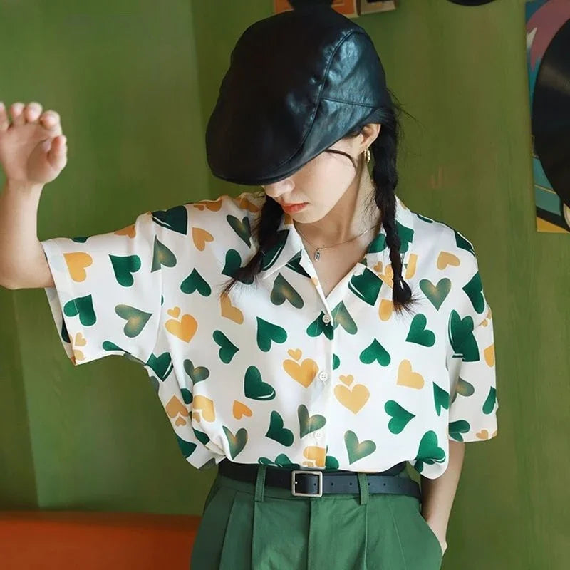 Woman Top Love Shirts & Blouses for Women Green New Collection 2025 Elegant and Youthful S Y2k Fashion Clothing Sales Cool Cute