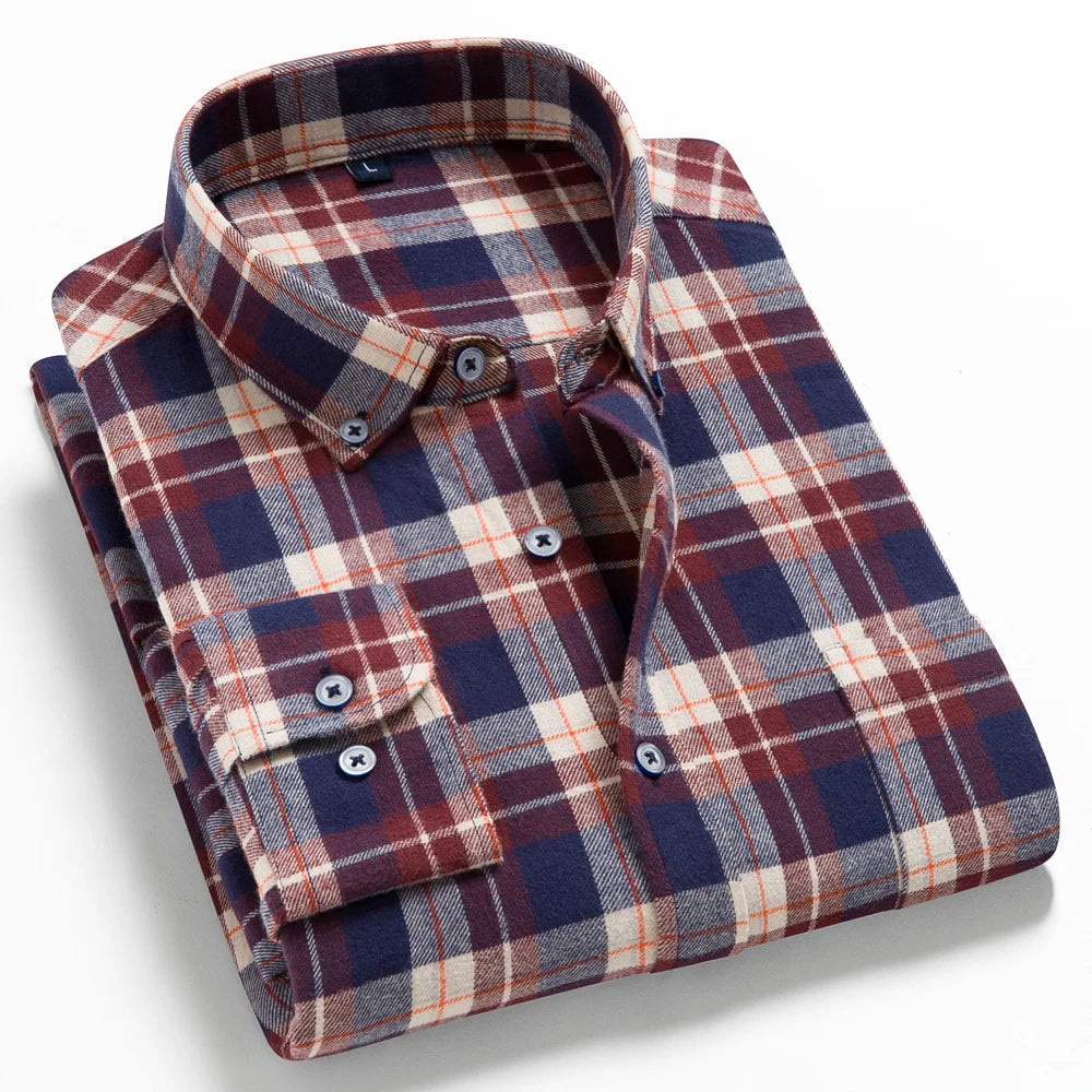 Men's Button Down Collar Contrast Plaid Pure Cotton Flannel Shirt with Left Chest Pocket Slim Fit Comfort Casual Brushed Shirts