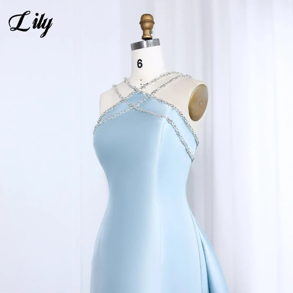 Lily Light Blue Prom Dress Shiny Beading Halter Party Dresses Stain  Sleeveless Celebrity Gowns with Detachable Tail Customized
