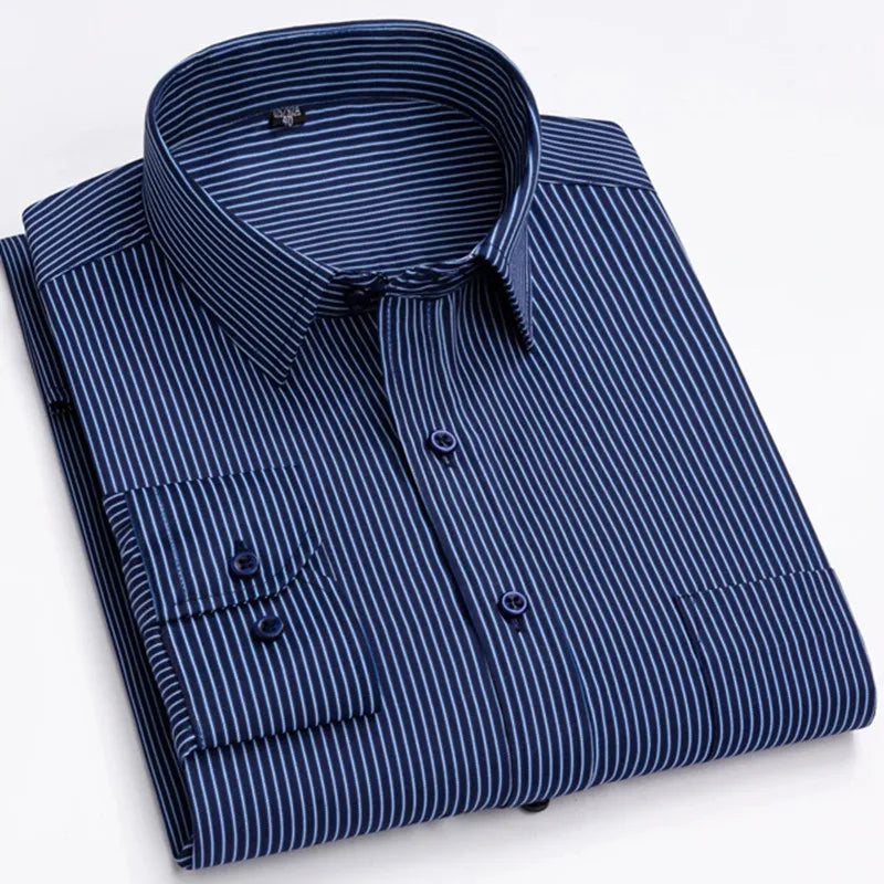 Men's Printed Plaid & Stripe Long Sleeve Casual Shirt — Single Pocket Business Formal Four Seasons