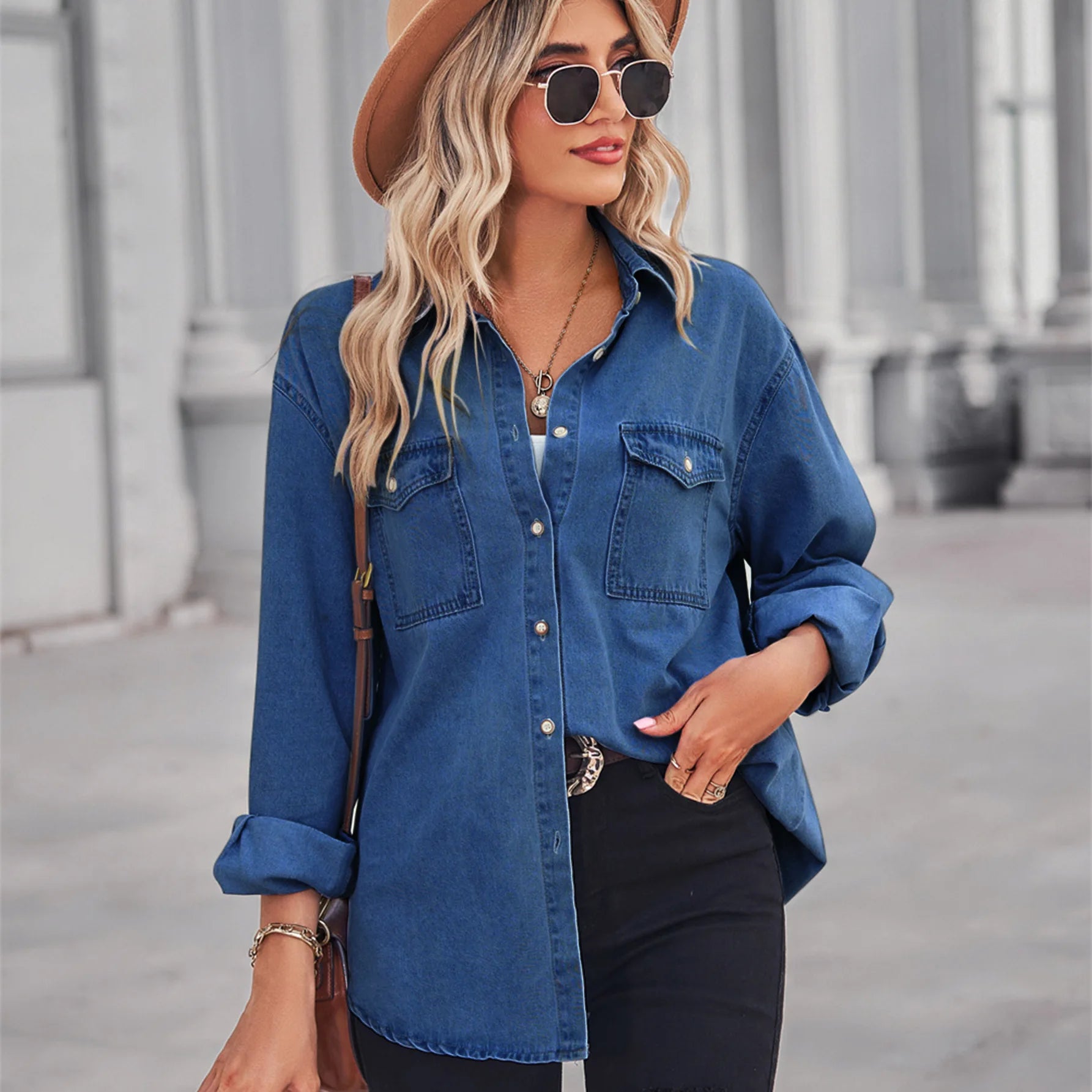 Women Button Down Denim Shirt Casual Long Sleeve V Neck Chambray Blouse Top Boyfriend Style Loose Fit Daily Wear Jean Shirts