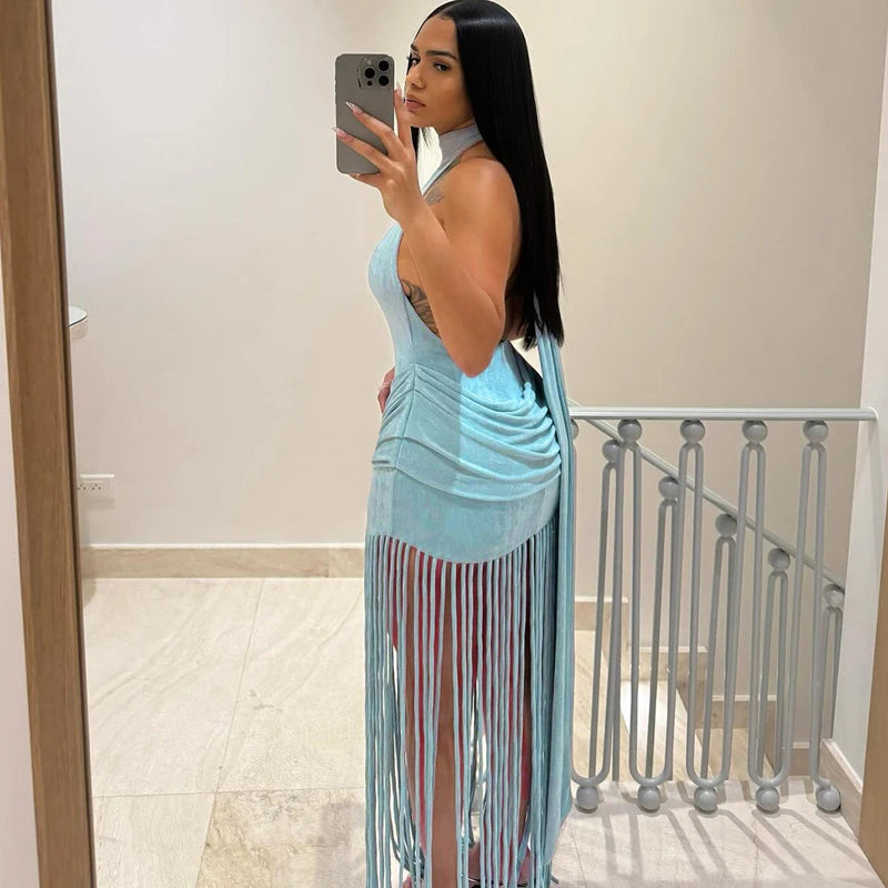 2026 Summer New Sexy Women's Dresses Halter Neck Backless Club Dress with Tassel Trim Fringe Detail Bodycon Party Mini Dress