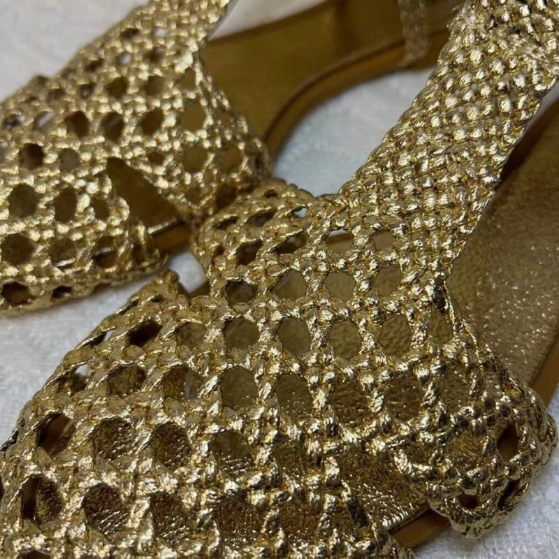 Women Flat Sandals Gold Woven Style Soft Inside Very Light Easy to Wear Summer Sandals with Adjustable Ankle Strap