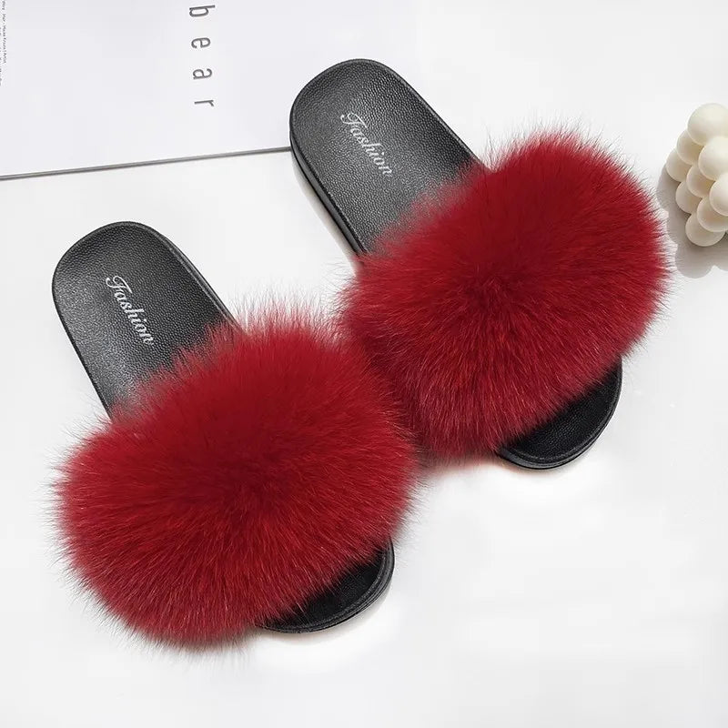 Fashion Lovely Real Fox Fur Slippers Women, Luxury Flat Sandals