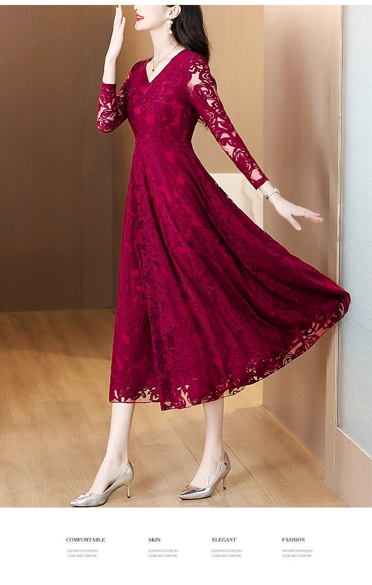 Women Vintage V-neck Lace Hollow Out Sexy Dress 2025 Elegant Bodycon Party Vestidos Spring Autumn Black Long Sleeve Midi Dresses