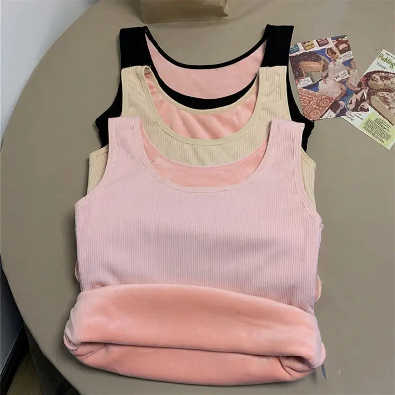 Women's Winter Thermal Underwear Top Seamless Plus Velvet Shirt Sleeveless Vest Warm Female Undershirt Solid Color Sexy Lingerie