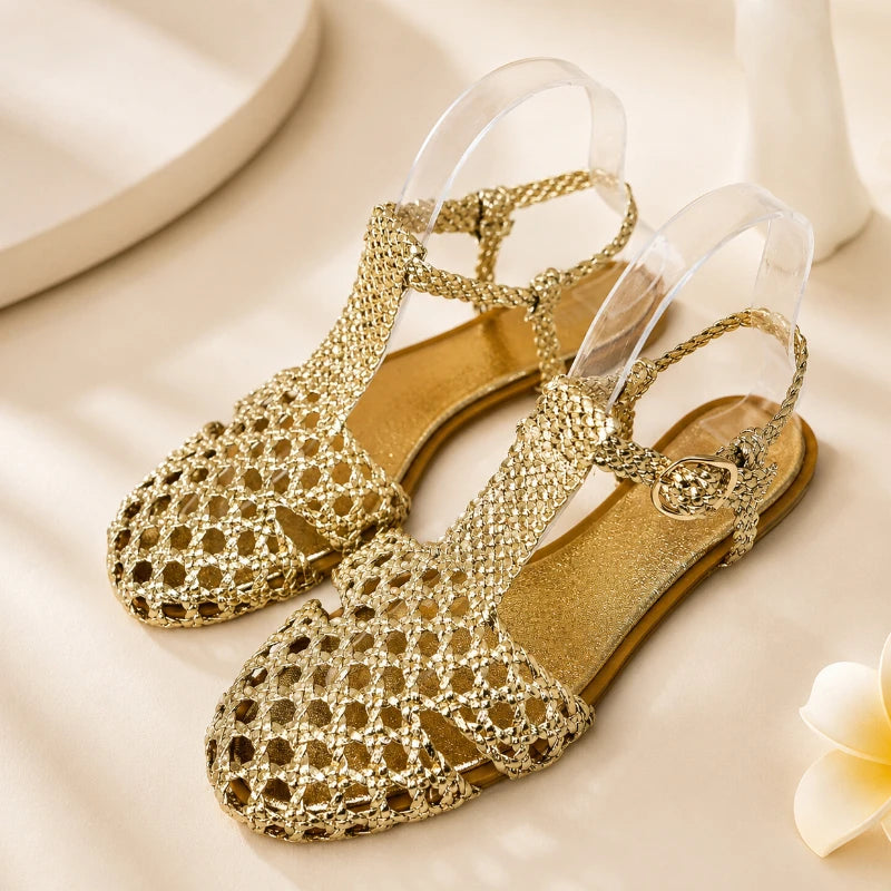 Women Flat Sandals Gold Woven Style Soft Inside Very Light Easy to Wear Summer Sandals with Adjustable Ankle Strap
