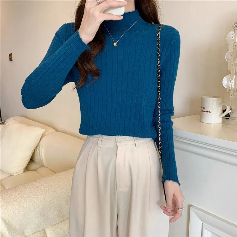 Woman Sweaters 2025 Autumn Winter Knitted Ribbed Turtleneck Sweater Women Clothes Long Sleeve Slim Basic Pullover Solid Tops