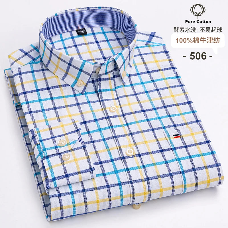 Lynett Lamar Men's 100% Cotton Oxford Plaid Long Sleeve Dress Shirt — Regular Fit Casual S–7XL