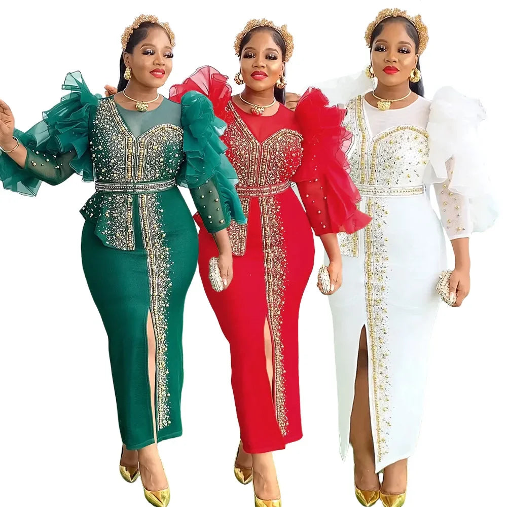 Customized Luxury Vintage Dresses For Women Wedding Party Prom Evening Gown Long Sleeve Dress Dashiki Beaded Robe Turkey African