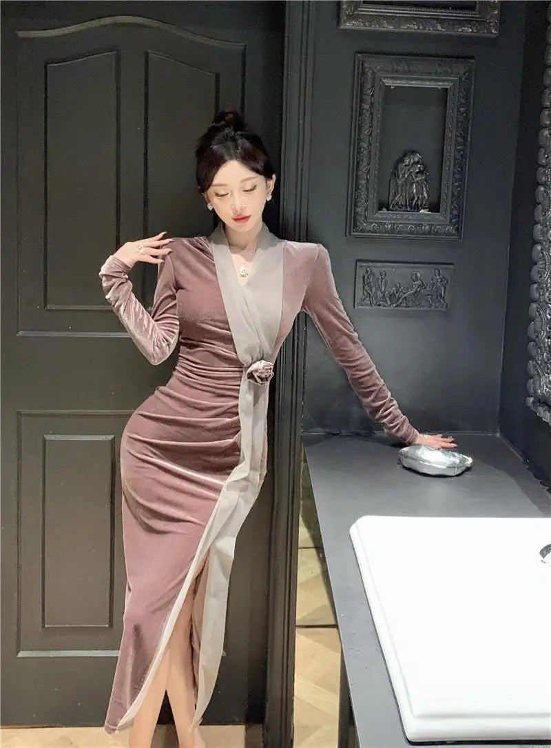 Women Vintage Velvet 3D Flower Ruched Sexy Split Elegant Party Dresses Y2K Winter V Neck Long Sleeve Bodycon Midi Dress Vestidos