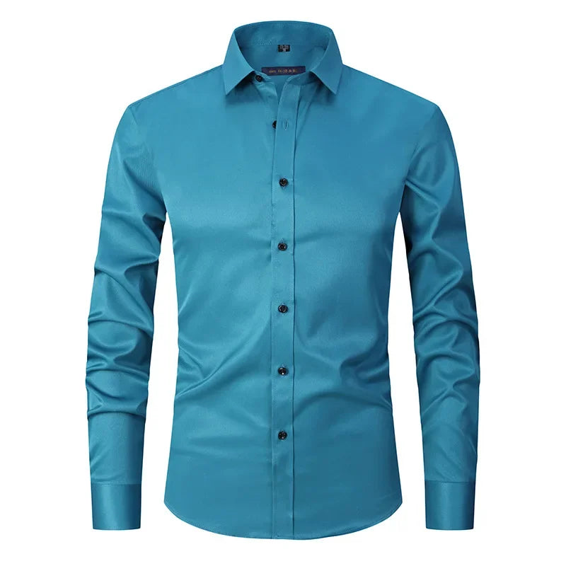 Men's Slim Fit Stretch Long Sleeve Dress Shirt — Square Collar Elegant Business Social