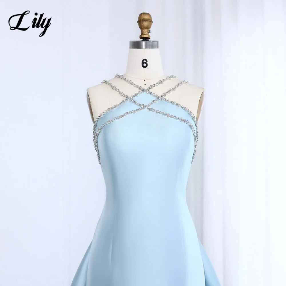 Lily Light Blue Prom Dress Shiny Beading Halter Party Dresses Stain  Sleeveless Celebrity Gowns with Detachable Tail Customized