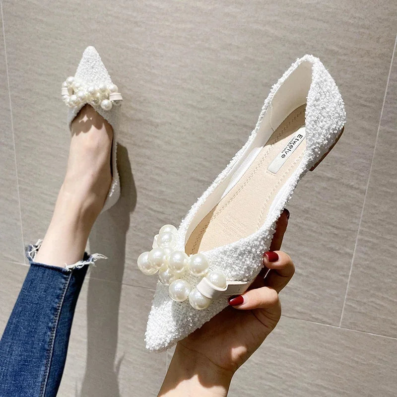 Flat Shoes for Women 2025 Spring Summer New Big Pearls Green White Women Flats Slip on Casual Loafers Zapatillas Mujer 44 45 46