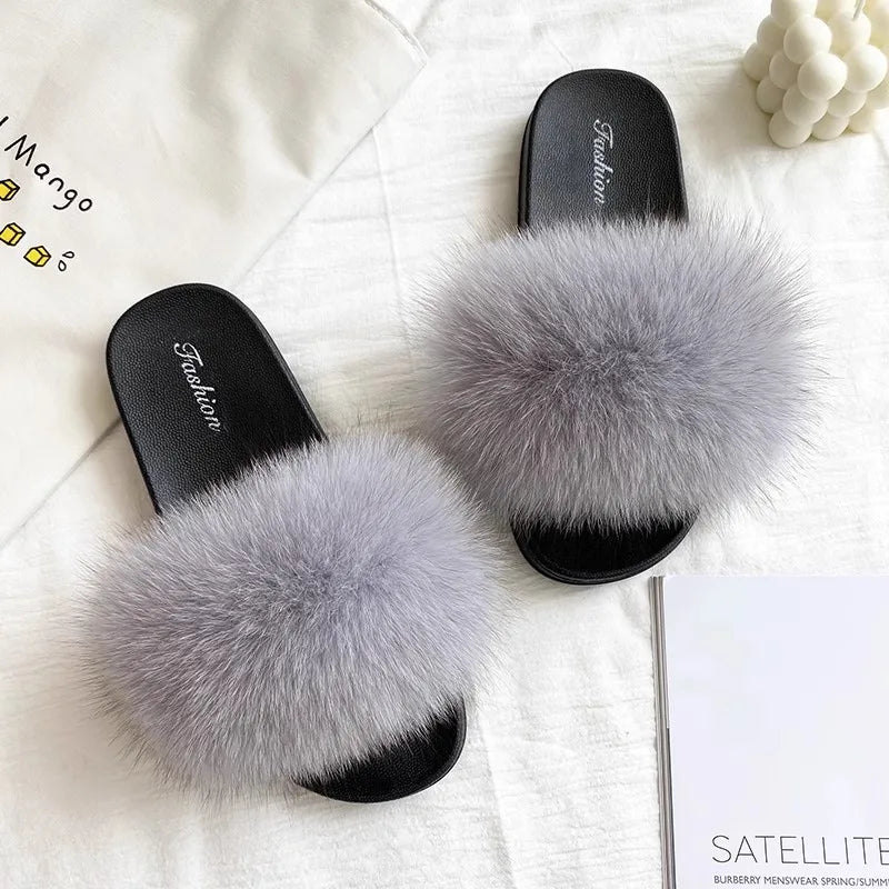 Fashion Lovely Real Fox Fur Slippers Women, Luxury Flat Sandals