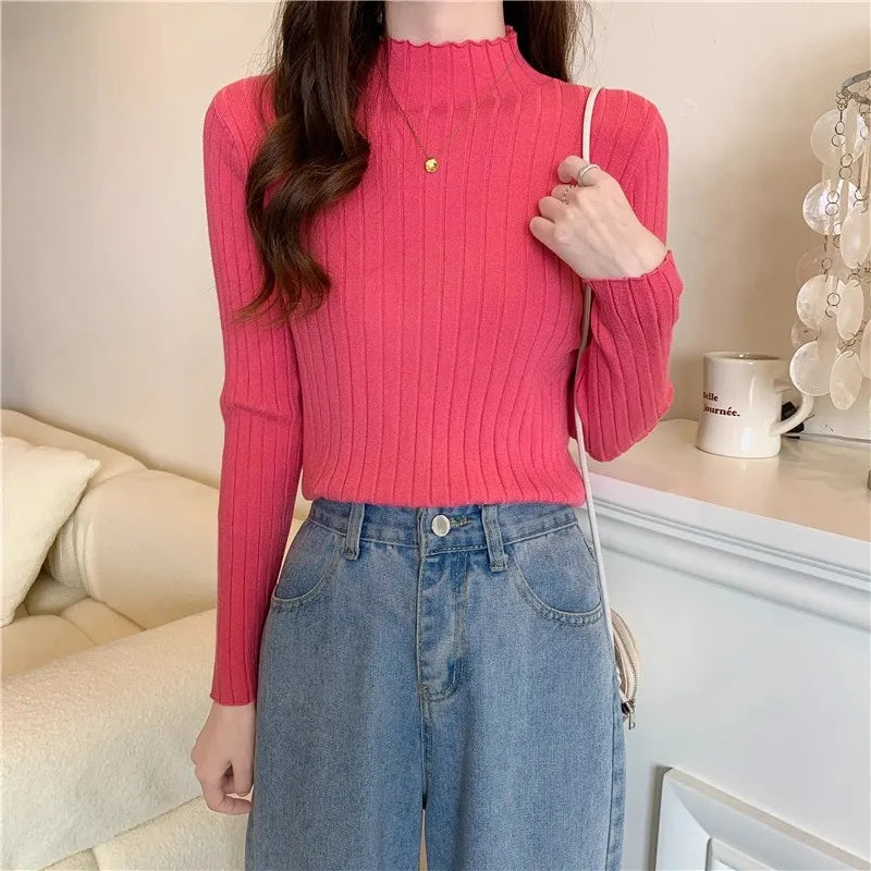 Woman Sweaters 2025 Autumn Winter Knitted Ribbed Turtleneck Sweater Women Clothes Long Sleeve Slim Basic Pullover Solid Tops