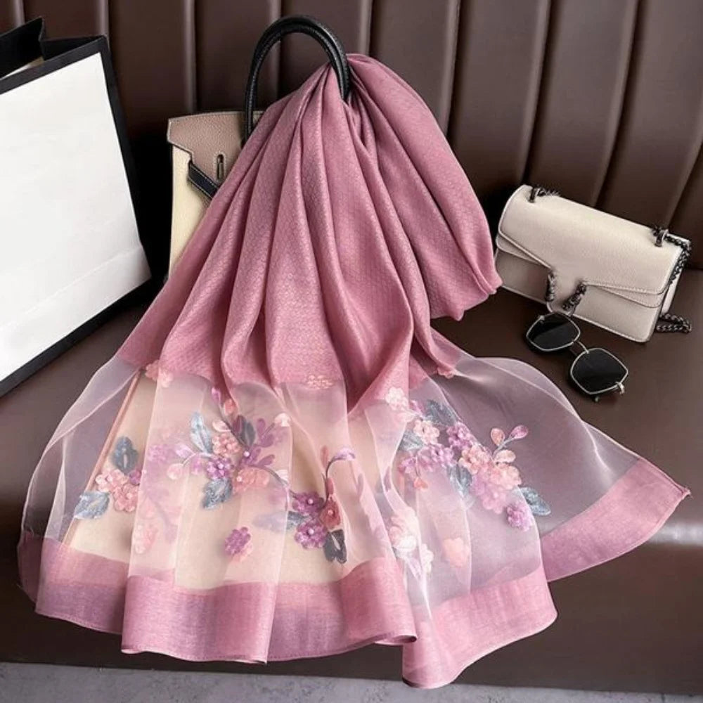 Elegant floral embroidered silk scarf for women, stylish sunscreen beach shawl with beaded trim, bohemian windproof must-have