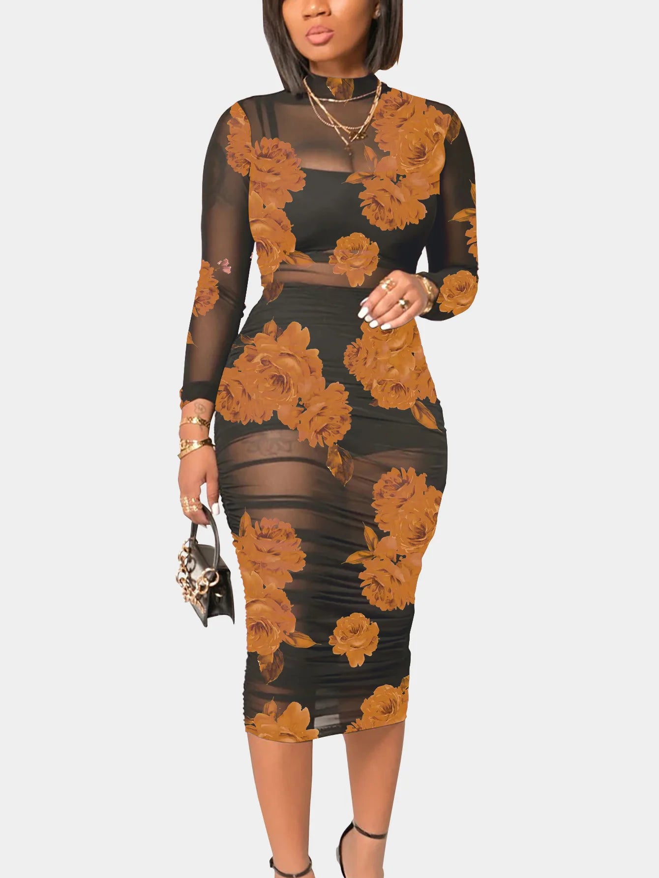 Fashion Flowers Printed Women's Sexy Mesh Gauze Mid Length Dress Three Piece Summer New Female Party Nightclub Mini Dresses 2023