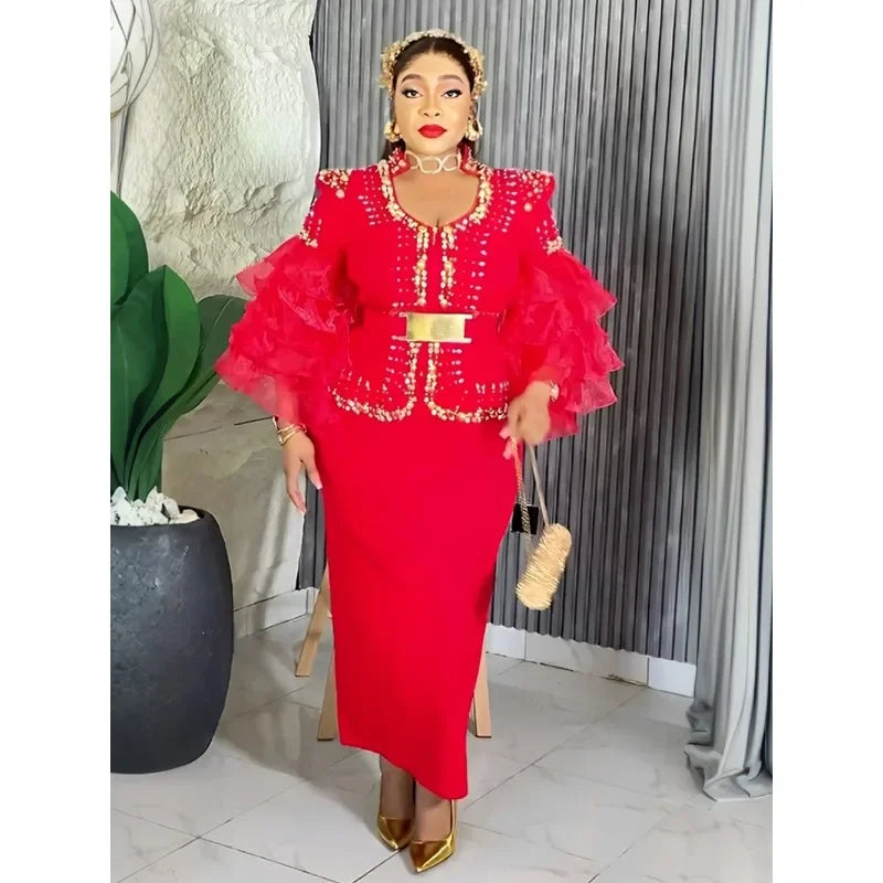 Customized Luxury Vintage Dresses For Women Wedding Party Prom Evening Gown Long Sleeve Dress Dashiki Beaded Robe Turkey African