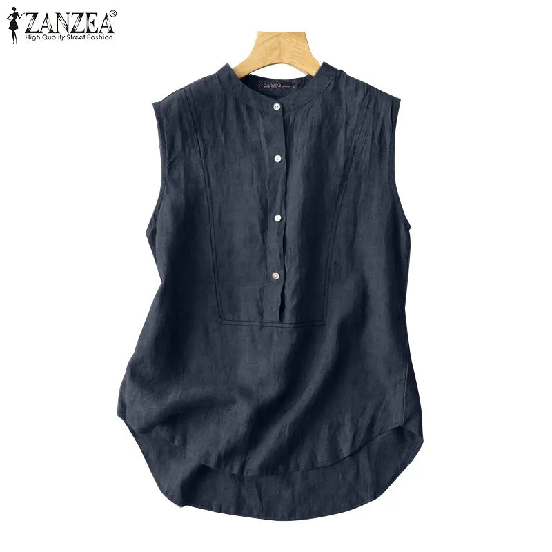 Women Summer Sleeveleess Solid Blouse Elegant Shirt ZANZEA Fashion Tanks Tops Female OL Work Blusas Tunic Casual Camis Vest 2024