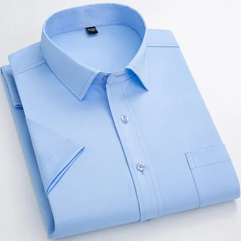 Lynett Lamar Men's Stretch No-Iron Short Sleeve Dress Shirt — Square Collar Formal Workwear