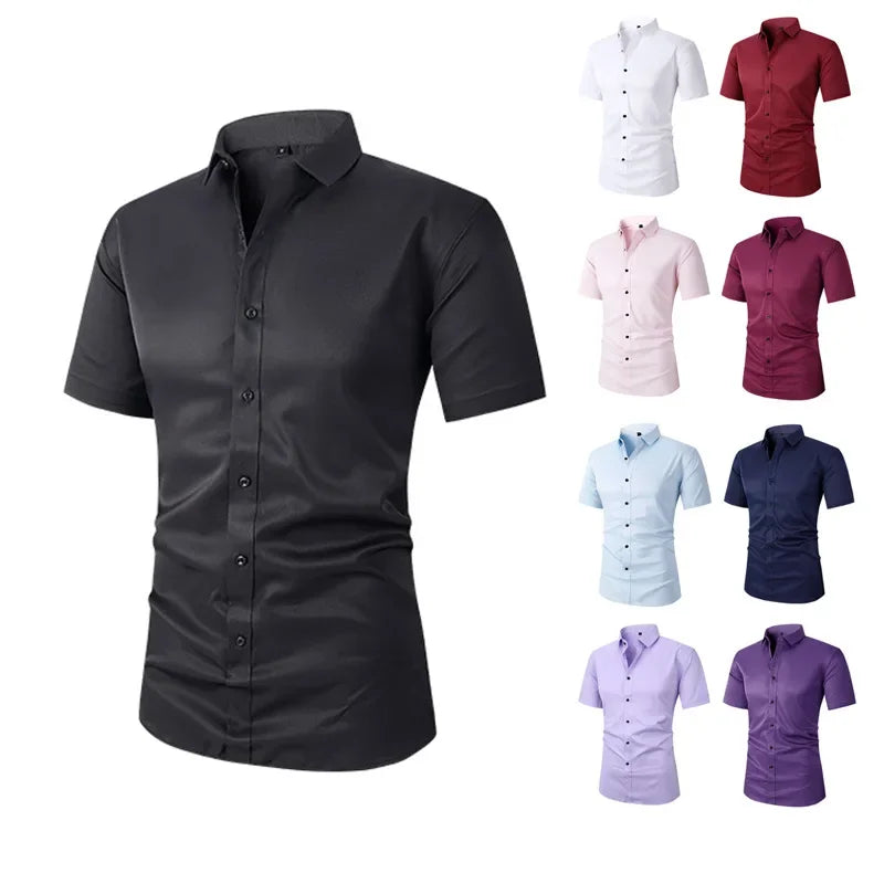 Men's Slim Fit Stretch Long Sleeve Dress Shirt — Square Collar Elegant Business Social