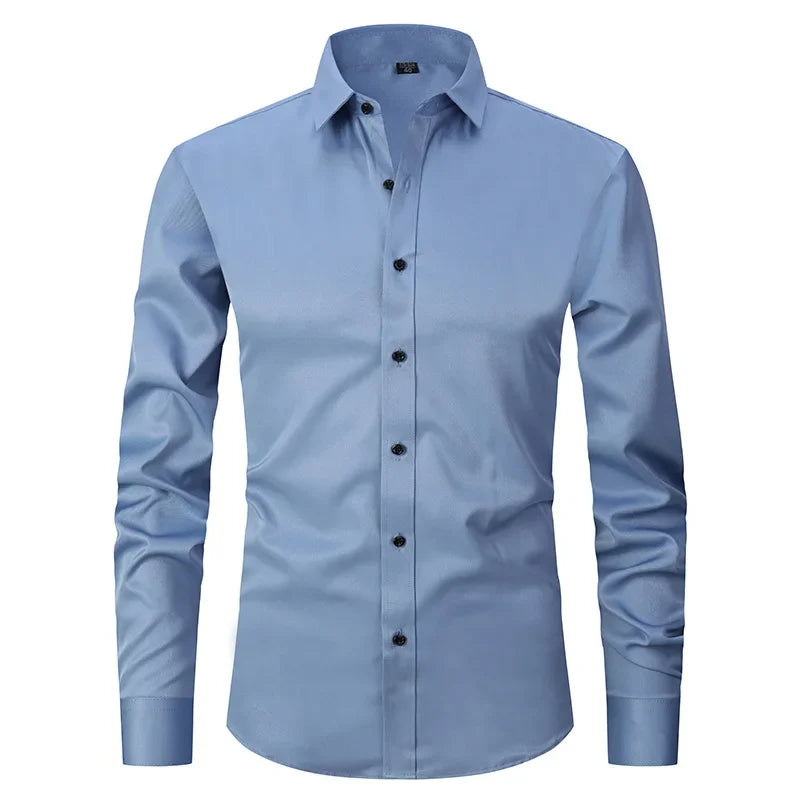 Men's Slim Fit Stretch Long Sleeve Dress Shirt — Square Collar Elegant Business Social
