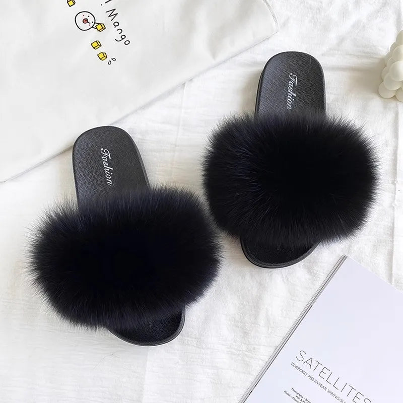 Fashion Lovely Real Fox Fur Slippers Women, Luxury Flat Sandals