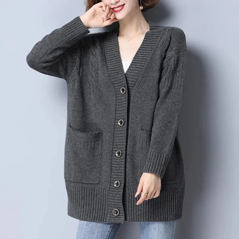 Women's Sweater 2025 New Autumn Winter Knitted Cardigan Female V-neck Blouses Loose Solid Single Breasted Knitt Coat Ladies Tops