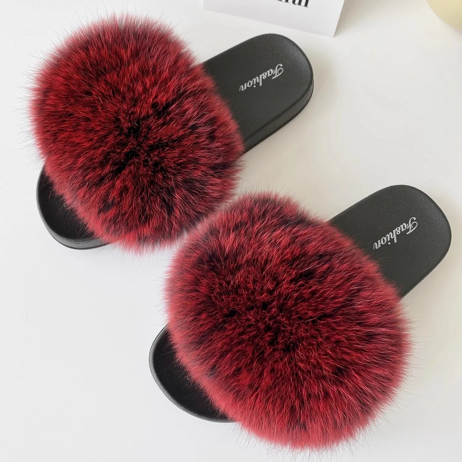 Fashion Lovely Real Fox Fur Slippers Women, Luxury Flat Sandals