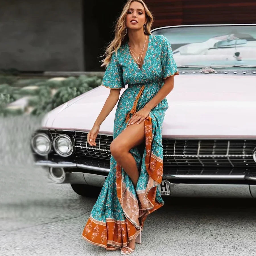 Maxi Dresses for women Cotton Rayon blue Floral print sexy deep v-ncek boho summer dresses loose Hippie long dress Vestidos