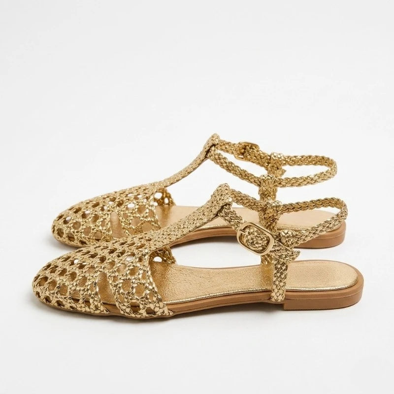 Women Flat Sandals Gold Woven Style Soft Inside Very Light Easy to Wear Summer Sandals with Adjustable Ankle Strap