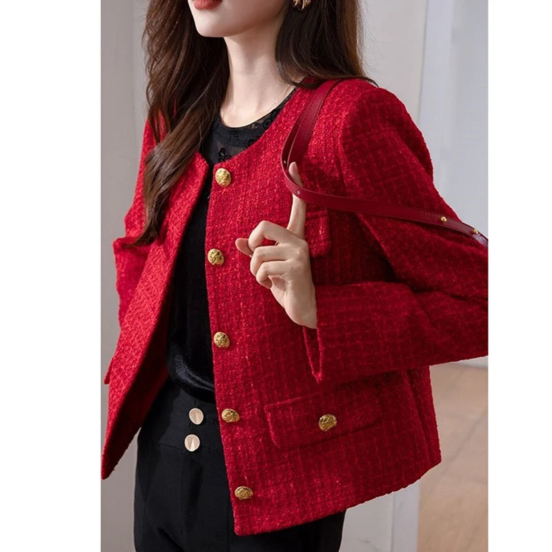 Women's Jacket 2025 New Autumn Fashion Red Tweed Small Fragrance Coat Ladies Short Blazers Korean Elegant Female Tops Outerwear