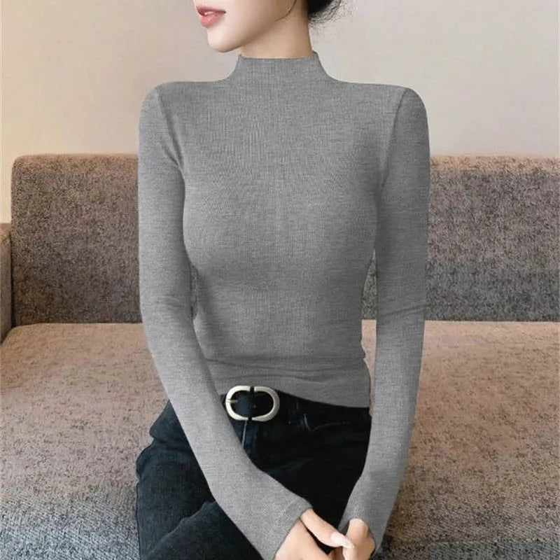Women's Thermal Underwear Autumn Winter Bottoming Shirt Long-sleeve T-shirt Thin Derong Top Women Half Turtleneck Warm Long-tops