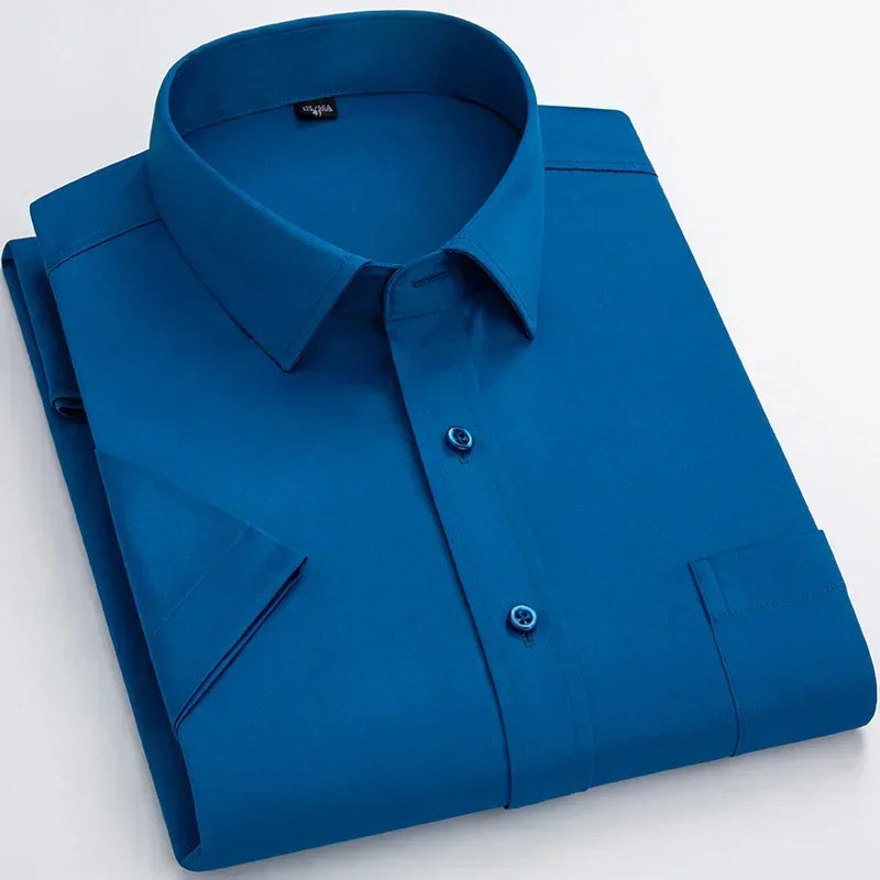 Lynett Lamar Men's Stretch No-Iron Short Sleeve Dress Shirt — Square Collar Formal Workwear