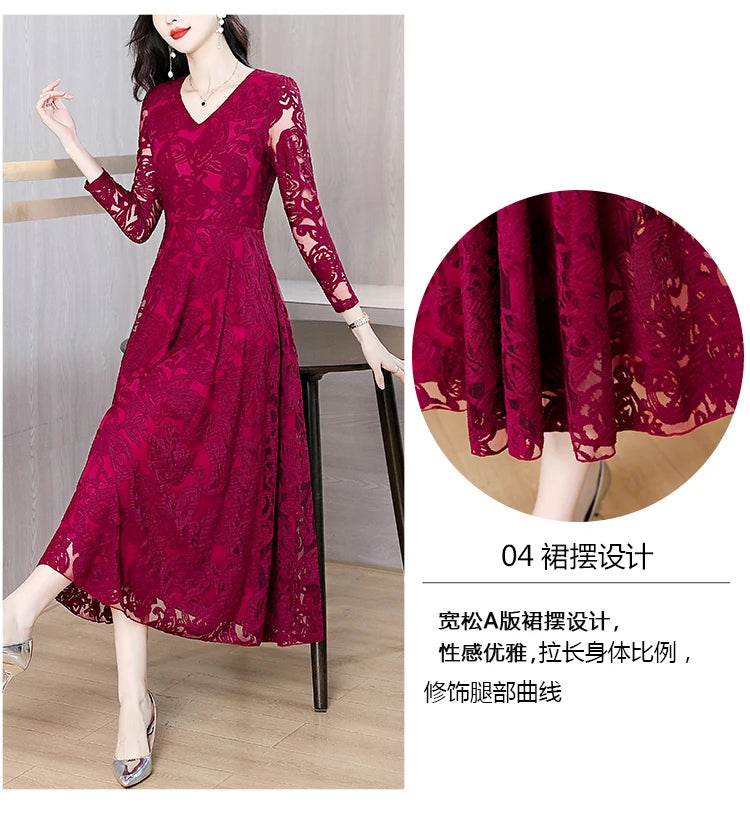 Women Vintage V-neck Lace Hollow Out Sexy Dress 2025 Elegant Bodycon Party Vestidos Spring Autumn Black Long Sleeve Midi Dresses