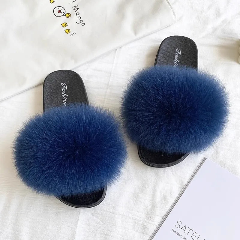 Fashion Lovely Real Fox Fur Slippers Women, Luxury Flat Sandals