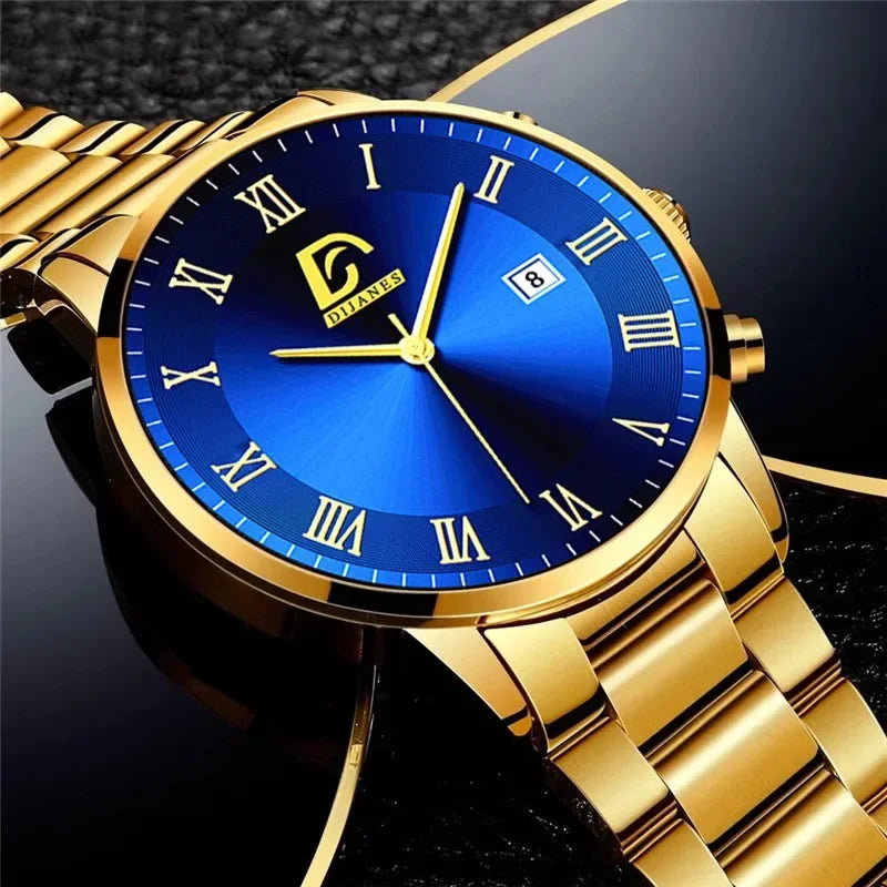 5PCS Fashion Mens Gold Stainless Steel Watches set Luxury  Quartz Wrist Watch Men Business Casual Watch relogio masculino