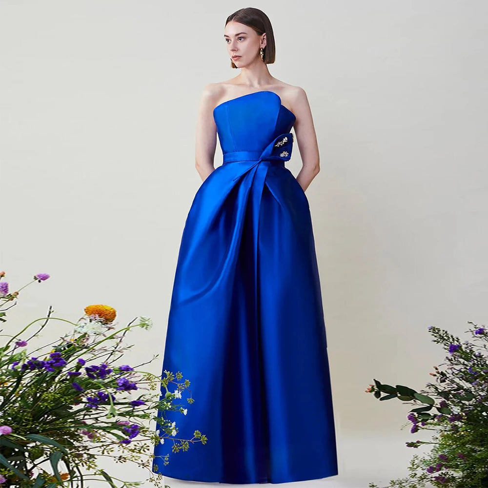 Elegant Evening Dress Gemstone Blue Satin Pleat Rhinestone Formal Party Dresses A-line Strapless Elegant Party Dresses Woman