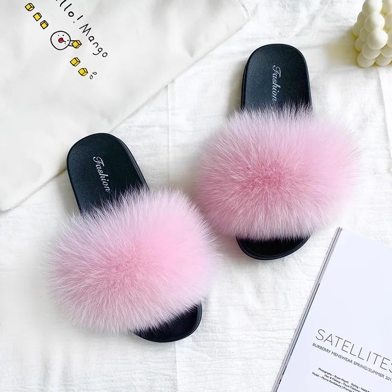 Fashion Lovely Real Fox Fur Slippers Women, Luxury Flat Sandals