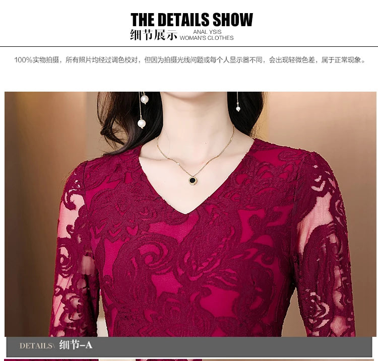 Women Vintage V-neck Lace Hollow Out Sexy Dress 2025 Elegant Bodycon Party Vestidos Spring Autumn Black Long Sleeve Midi Dresses
