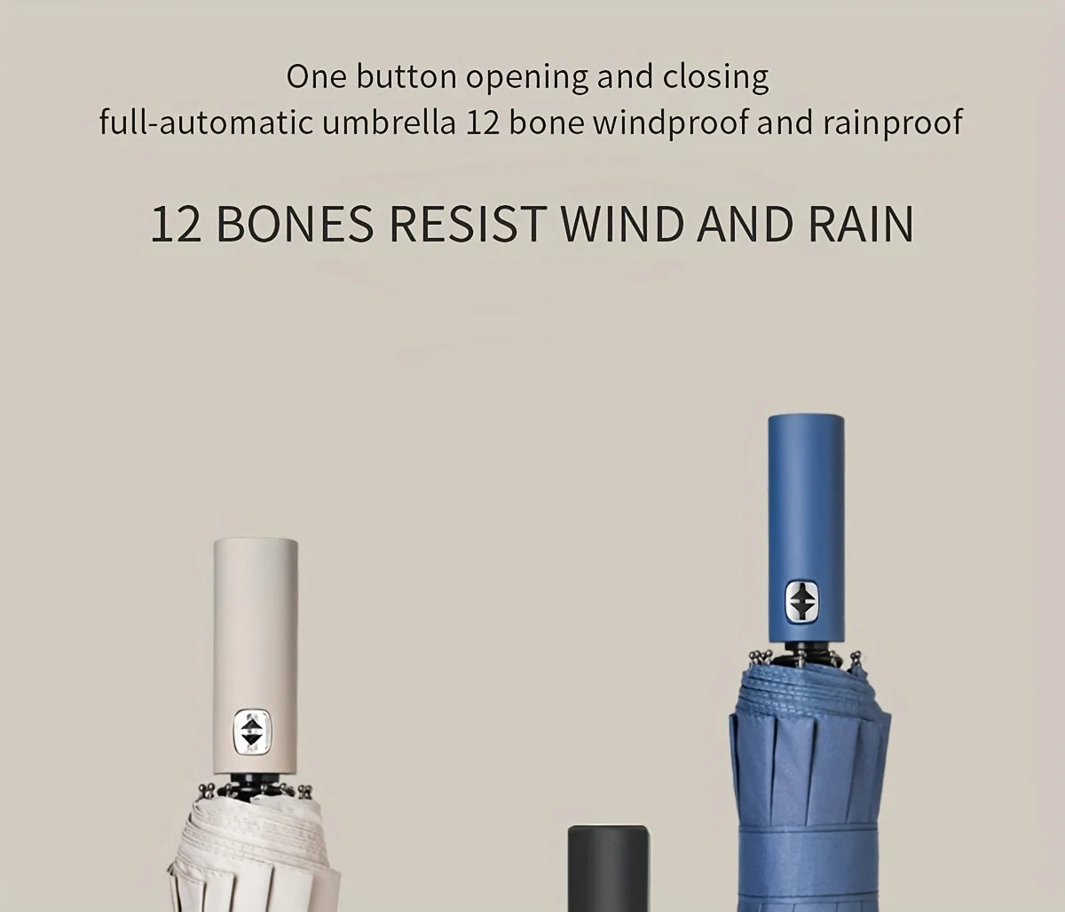 A fully automatic foldable umbrella with 12 ribs and reinforced structure for both rainy and sunny days, featuring UV protection