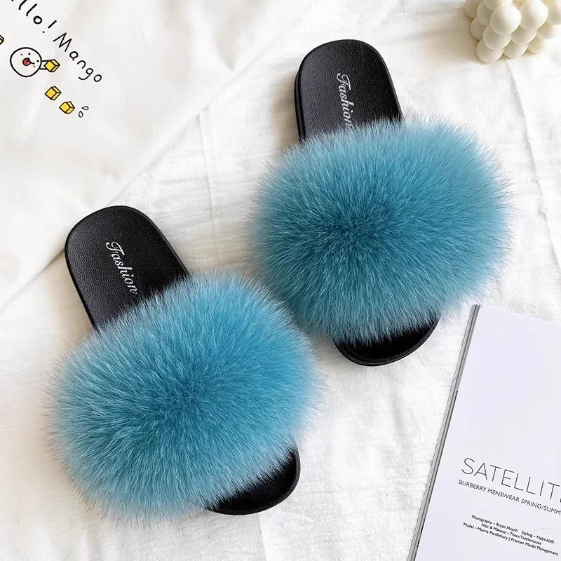 Fashion Lovely Real Fox Fur Slippers Women, Luxury Flat Sandals