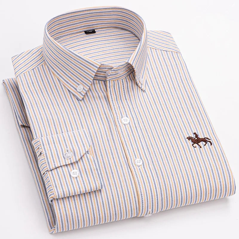Men's 100% Cotton Oxford Washed Long Sleeve Dress Shirt — Embroidered Business Casual