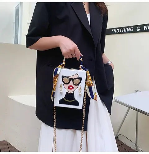 Woman Purses and Handbags Beauty Women Shoulder Bag Scraf Pearl Decorated Party Bag Funny Clutch Bag Crossbody Bag