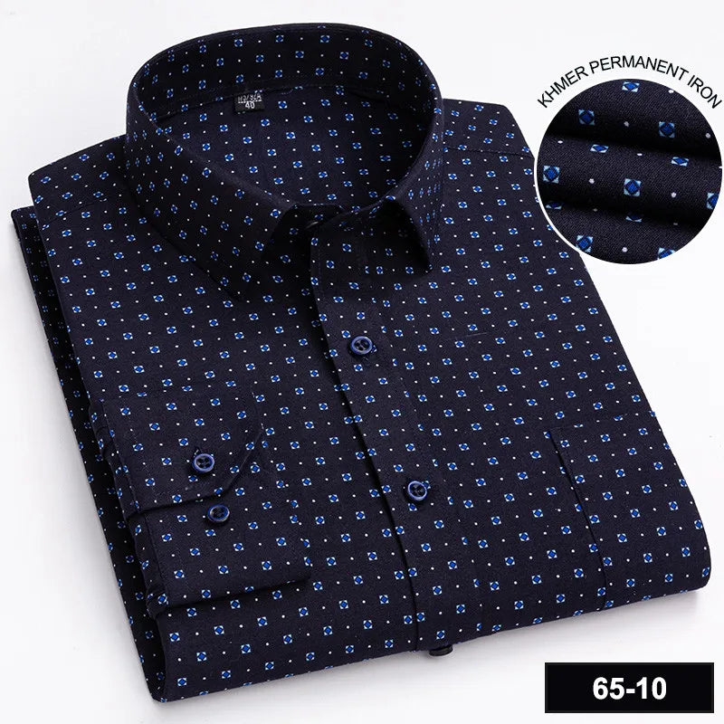 Men's Printed Plaid & Stripe Long Sleeve Casual Shirt — Single Pocket Business Formal Four Seasons