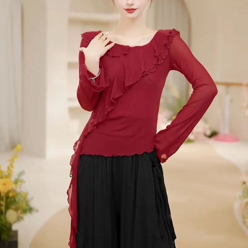 New Dance Clothes for Women Modern Adult Tops for Daily Dancing New Round Neck Long-sleeved Versatile Pullovers