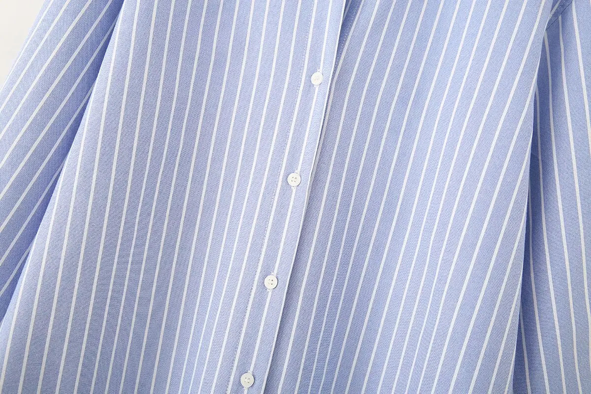 Blue Stripe Button-Down Shirt Women Oversized Fit Long Sleeve Spring Summer Elegant Office Casual Daily Wear Lightweight Top