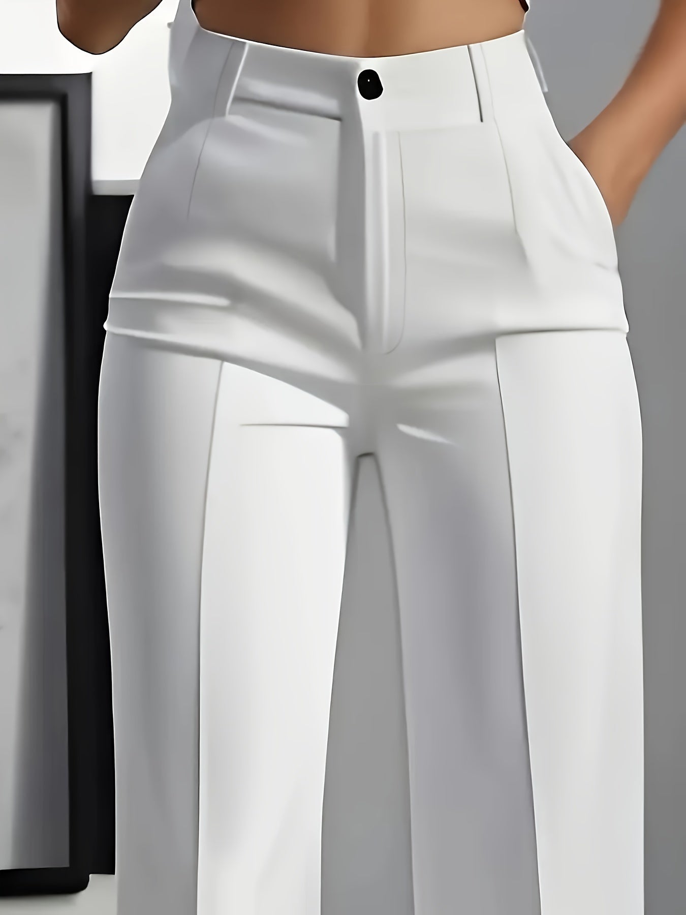 Women's Elegant Navy Blue Wide-Leg Trousers • Solid Color All-Season Formal & Casual Pants with Button Closure • Structured Fit for Office, Semi-Formal Events & Casual Attire • Versatile All-Season Trousers • Women's